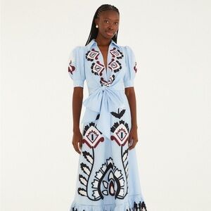 Light Blue Embroidered Tie-Waist Maxi Dress